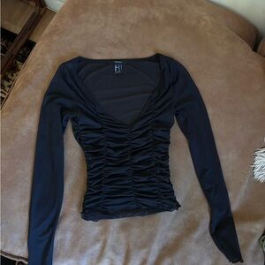 Forever 21 Black Ruched Scoop-Neck Long Sleeve Top